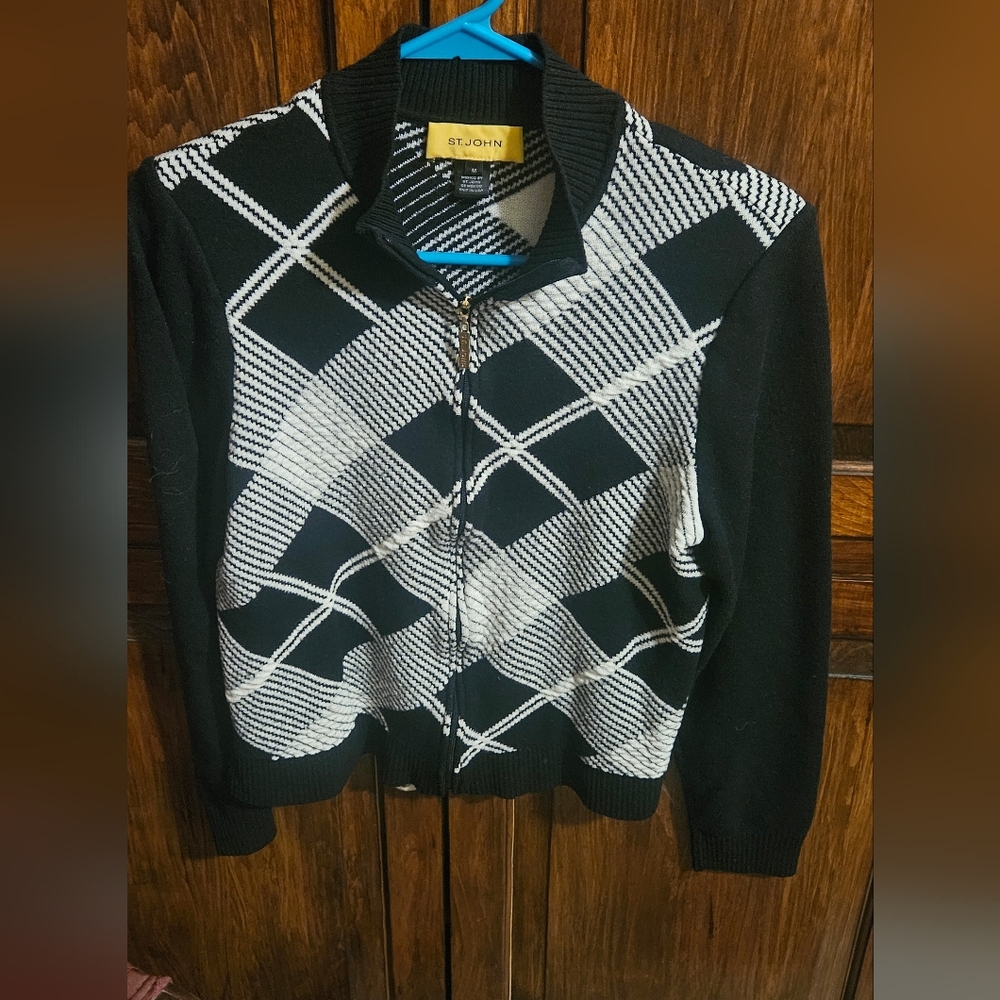 St. John Wool Blend Zip Up Plaid Sweater Sz M Black /ivory